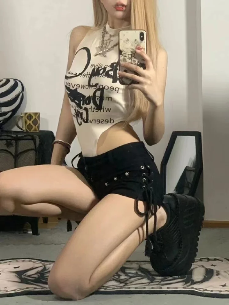 Shorts Women Skinny Creativity Lace-up Popular Streetwear Daily Personality Students Holiday Fashion Sexy American Retro Leisure-4
