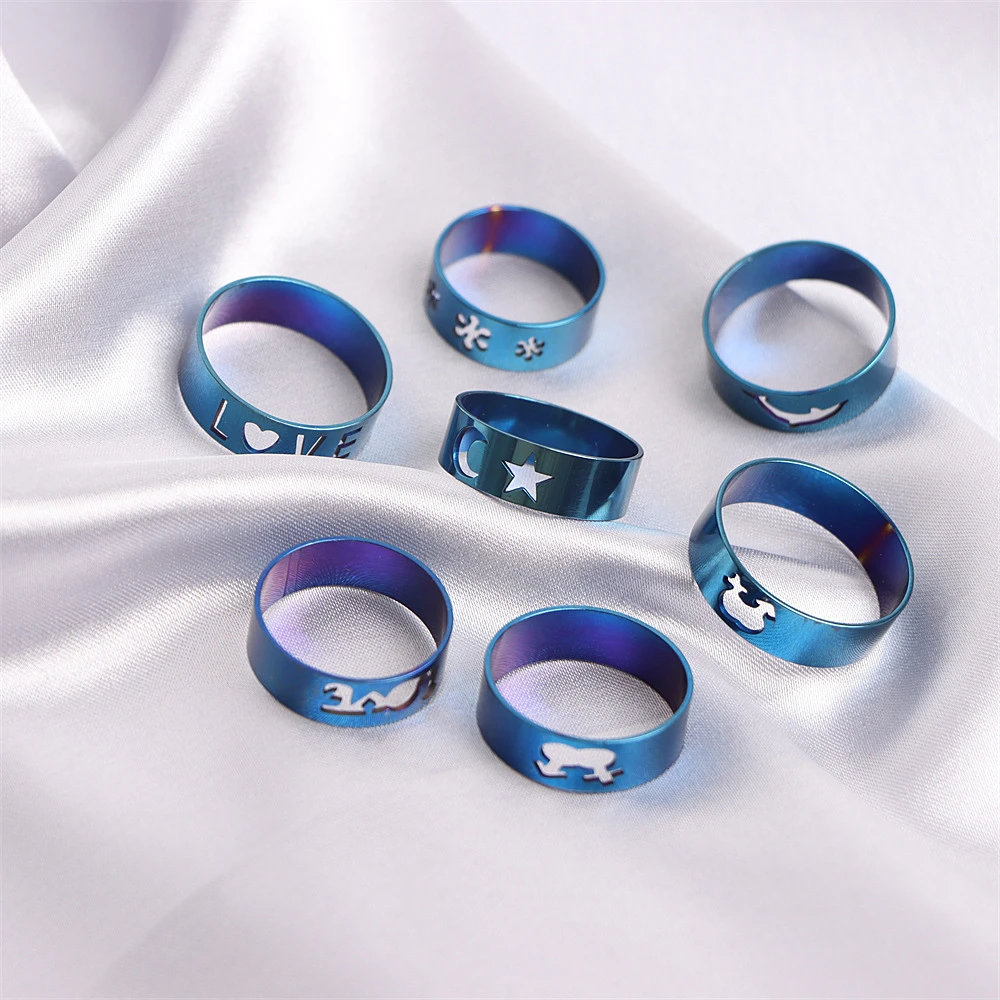 10/20/30/50Pcs Classic Fashion Stripe Hollow Colorful Sticker Stainless Steel Ring Trend Women Jewelry Party Decoration Gift-24