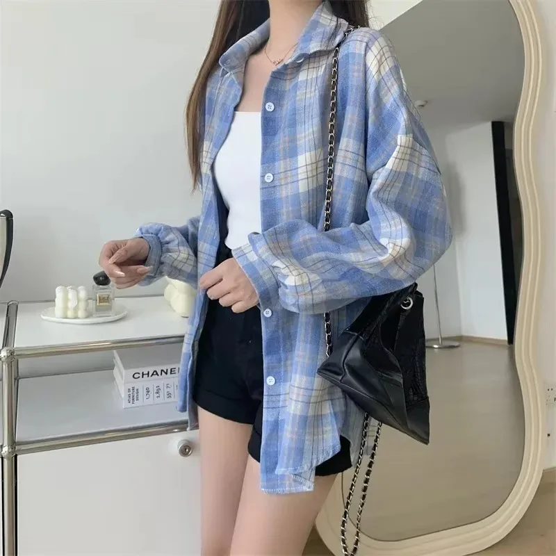 Plaid Shirt Women Fashion Autumn Long Sleeve Top Female Vintage Single Breasted Blouse Ladies Preppy Style Loose Check Shirts-4