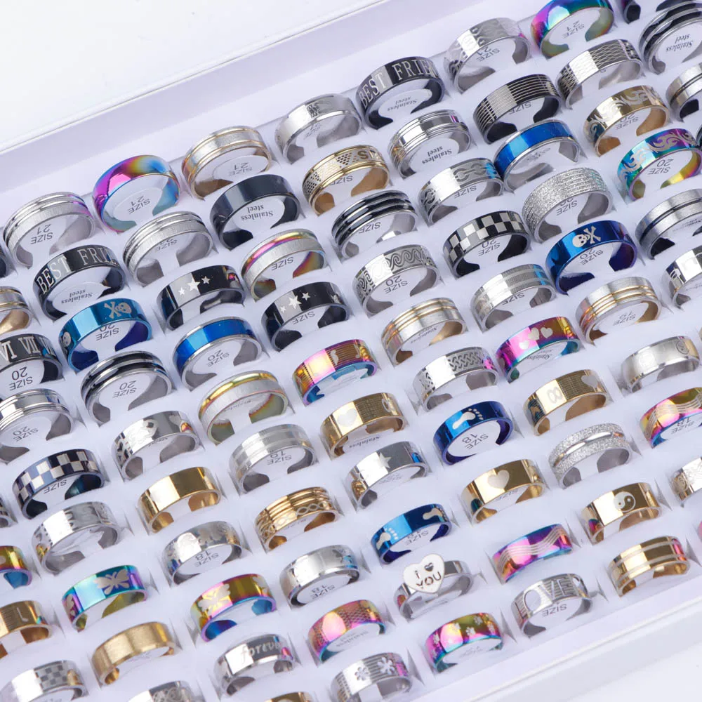 10/20/30/50Pcs Classic Fashion Stripe Hollow Colorful Sticker Stainless Steel Ring Trend Women Jewelry Party Decoration Gift-8
