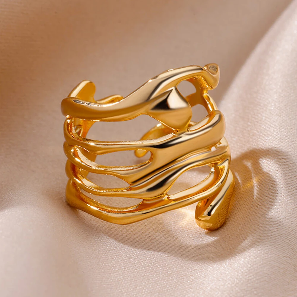 Stainless Steel Rings For Women Men Gold Color Hollow Wide Open Ring Female Male Fashion Wedding Party Finger Jewelry Gift 2024-4 Stainless Steel Rings For Women Men Gold Color Hollow Wide Open Ring Female Male Fashion Wedding Party Finger Jewelry Gift 2024-4