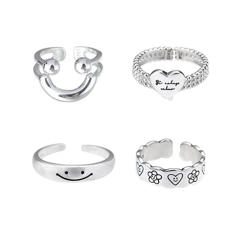 Fashion Silver Color Smile Shape Ring for Women Fine Jewelry Finger Adjustable Open Vintage Ring for Party Birthday Gift-5
