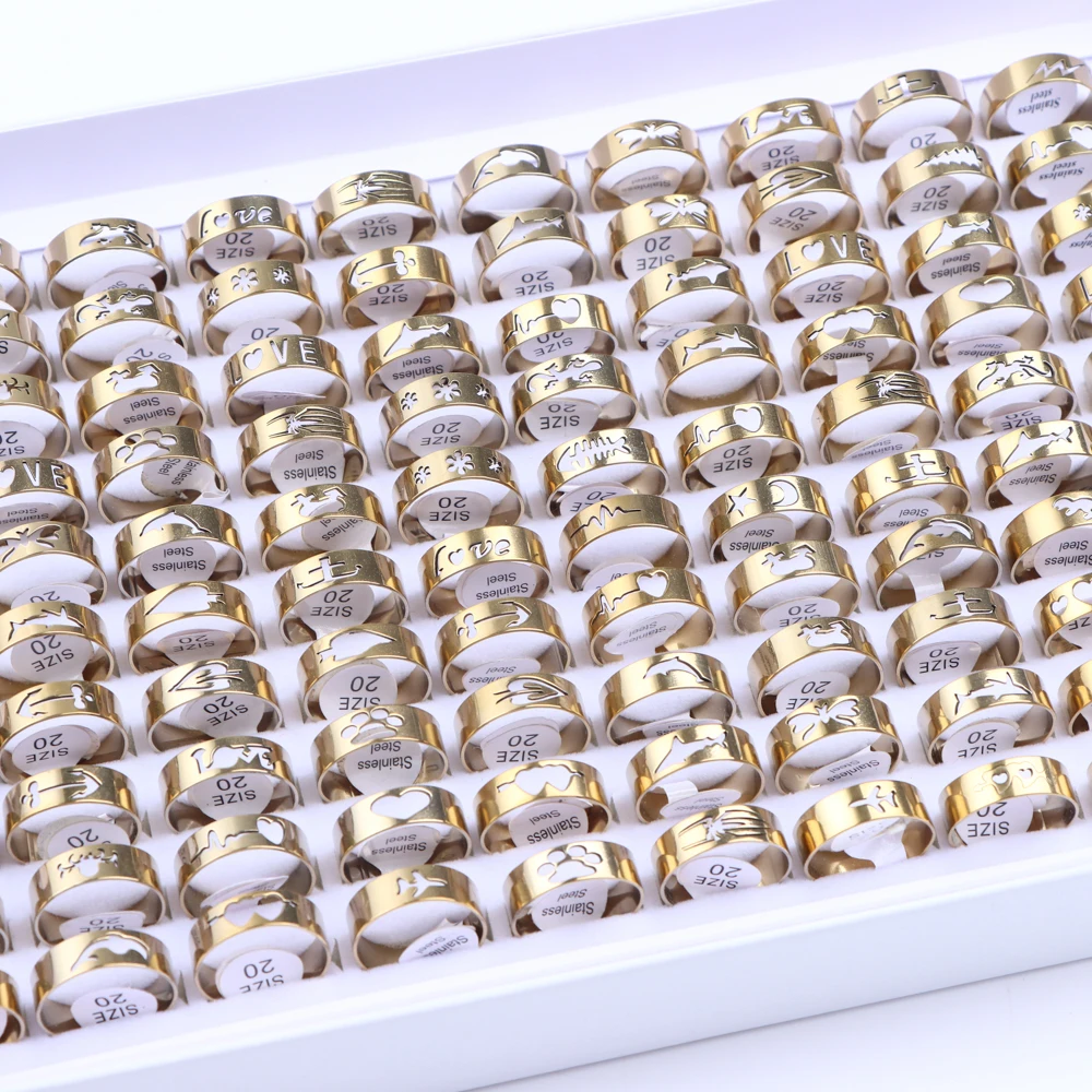 10/20/30/50Pcs Classic Fashion Stripe Hollow Colorful Sticker Stainless Steel Ring Trend Women Jewelry Party Decoration Gift-12