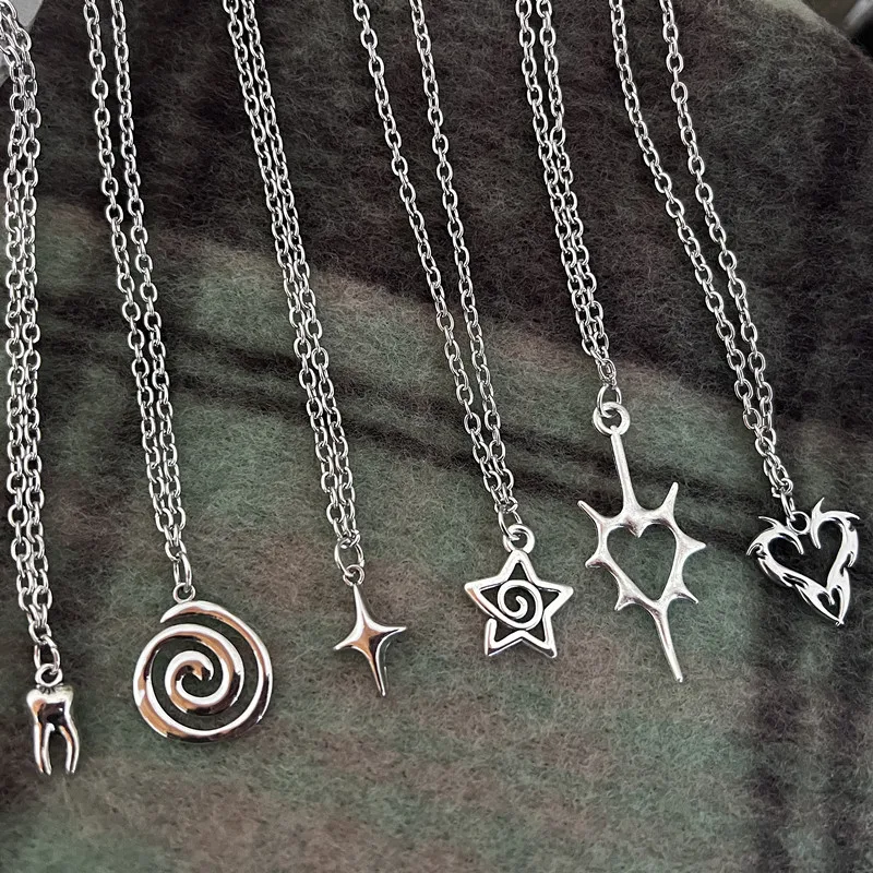 Y2K Flail Fire Heart Teeth Pendant Necklace for Women Men Charm Necklace Grunge Punk Fashion Jewelry ﻿-7