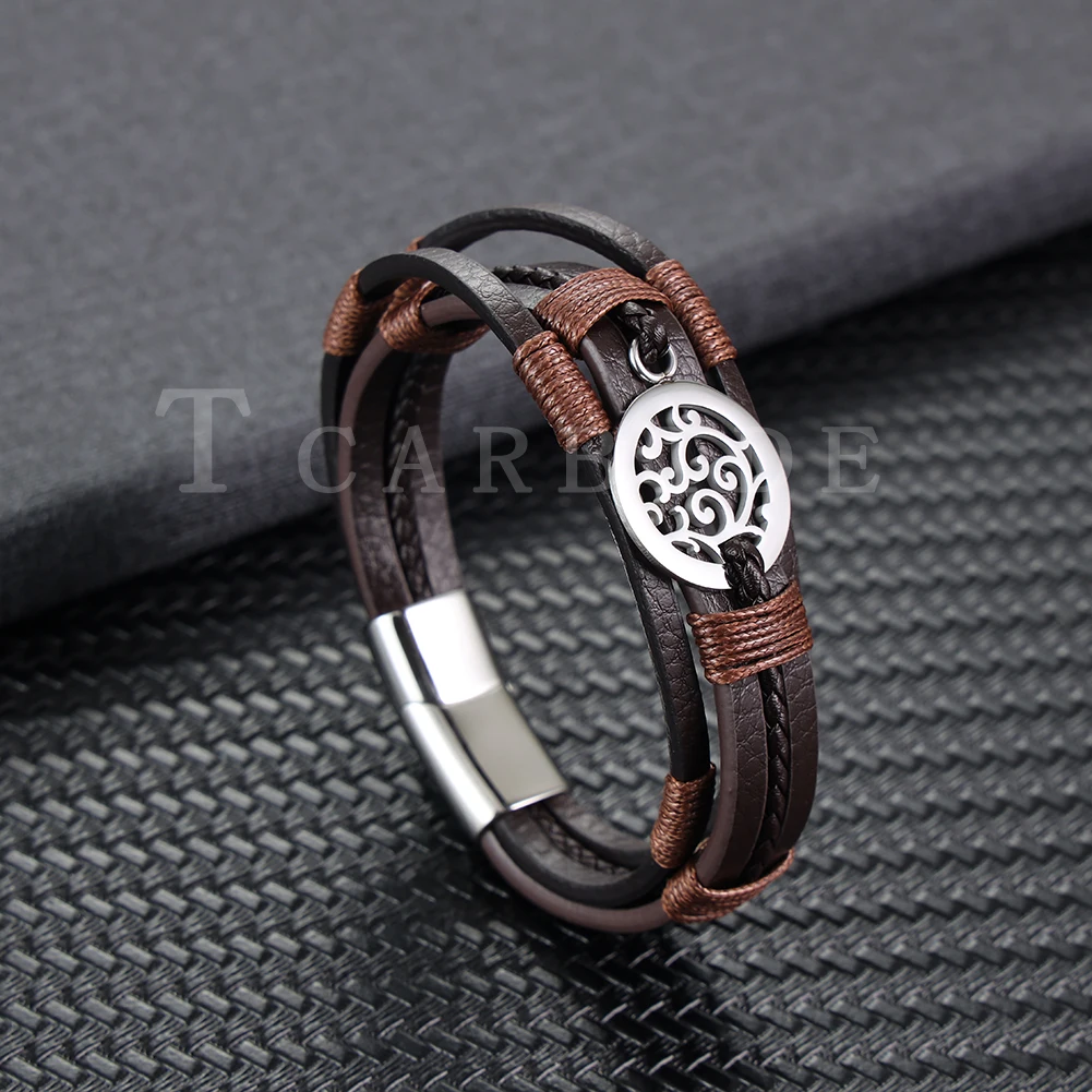 Three-Layer Men's Fashion Premium Genuine Leather Bracelets Stainless Steel Magnetic Clasp Charming Geometric Pattern Jewelry-8 Three-Layer Men's Fashion Premium Genuine Leather Bracelets Stainless Steel Magnetic Clasp Charming Geometric Pattern Jewelry-8