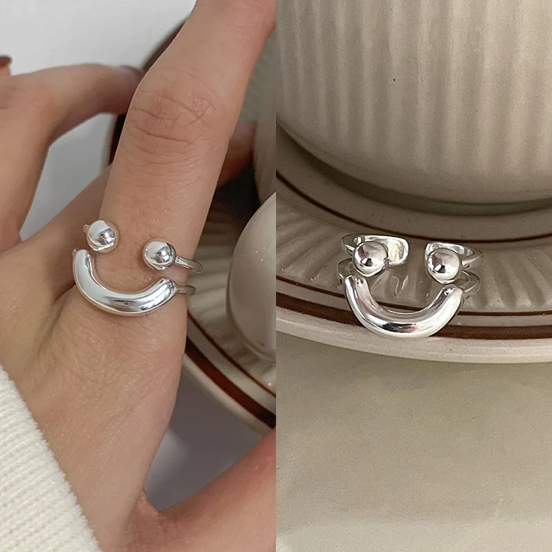 Fashion Silver Color Smile Shape Ring for Women Fine Jewelry Finger Adjustable Open Vintage Ring for Party Birthday Gift-6