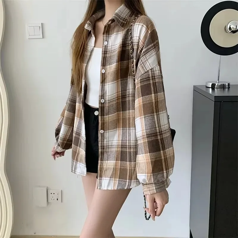 Plaid Shirt Women Fashion Autumn Long Sleeve Top Female Vintage Single Breasted Blouse Ladies Preppy Style Loose Check Shirts-9