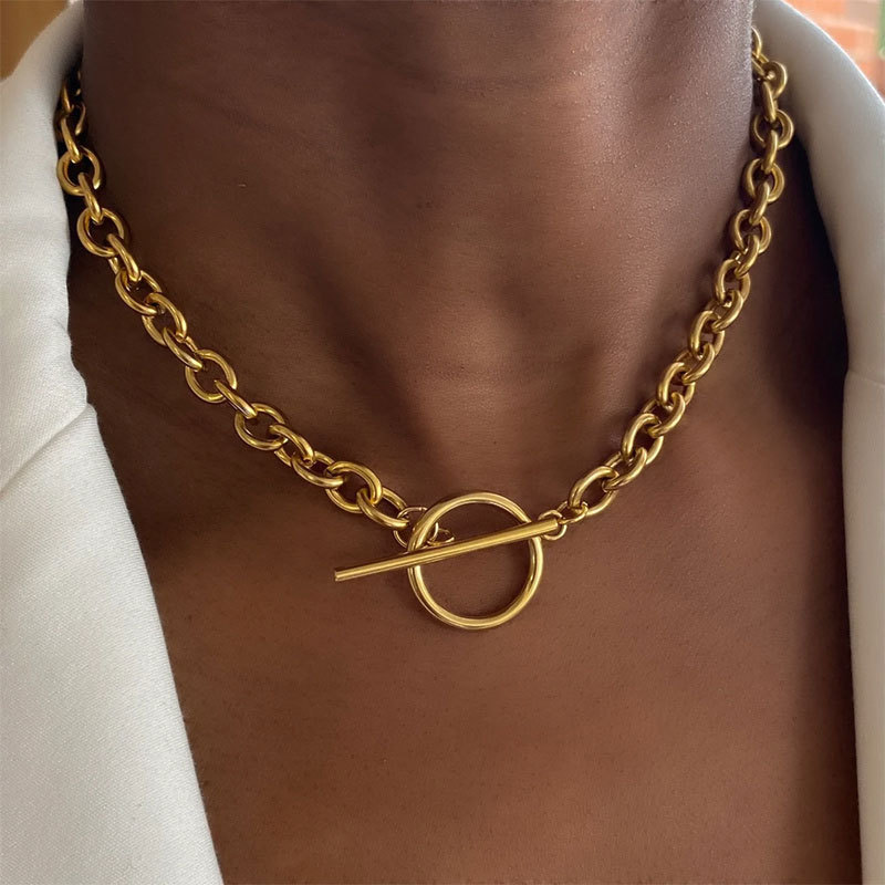 2023 New Fashion Gold Color Chunky Chain Necklace for Women Simple Toggle Clasp Stainless Steel Choker Necklaces Jewelry Gifts-1