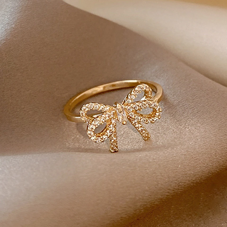 Yupsk Korean Fashion Micropaved Crystal Zirconia Bow Ring for Women Girls Exquisite Ins Trendy Minimalist Finger Rings Jewelry-3