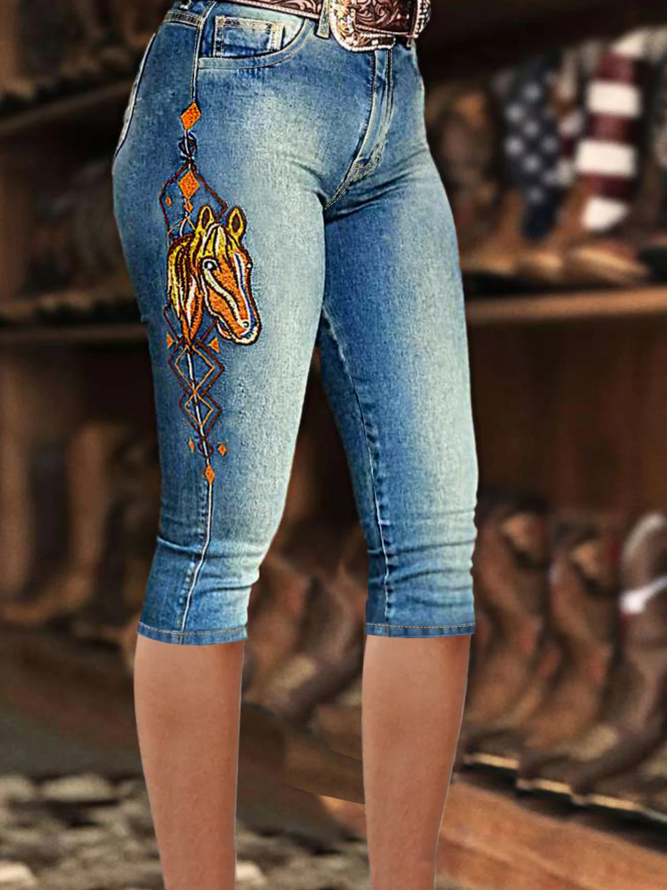 Washed blue polished white cat whisker pattern pony side embroidery high waist street style fashion women's denim cropped pants-1