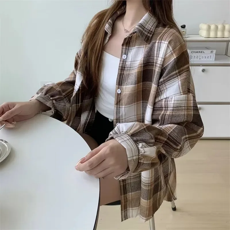 Plaid Shirt Women Fashion Autumn Long Sleeve Top Female Vintage Single Breasted Blouse Ladies Preppy Style Loose Check Shirts-12