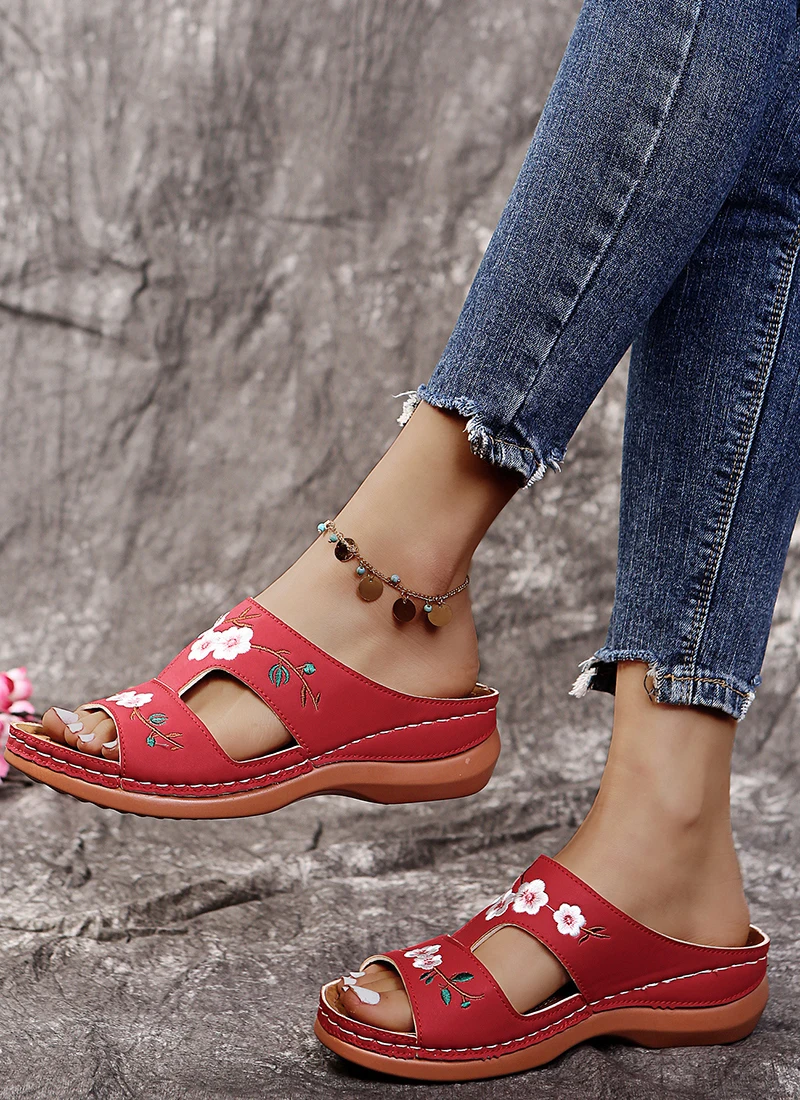 Women Slippers Embroider Flowers Leather Woman Sandals 2023 Outdoor Light Casual Wedges Slippers Slip on Summer Shoes for Women-10
