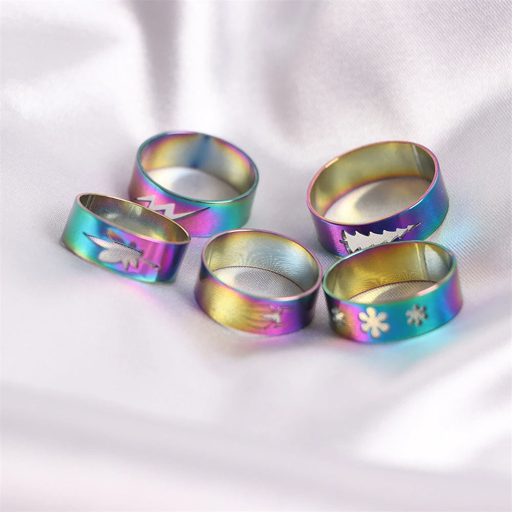 10/20/30/50Pcs Classic Fashion Stripe Hollow Colorful Sticker Stainless Steel Ring Trend Women Jewelry Party Decoration Gift-25