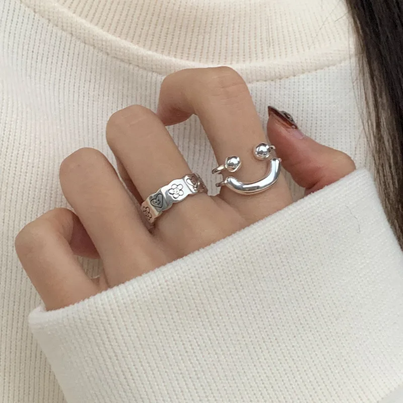 Fashion Silver Color Smile Shape Ring for Women Fine Jewelry Finger Adjustable Open Vintage Ring for Party Birthday Gift-4