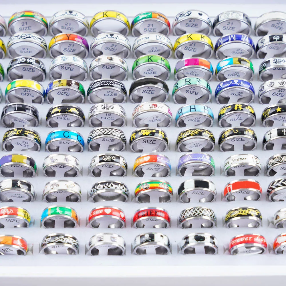 10/20/30/50Pcs Classic Fashion Stripe Hollow Colorful Sticker Stainless Steel Ring Trend Women Jewelry Party Decoration Gift-17
