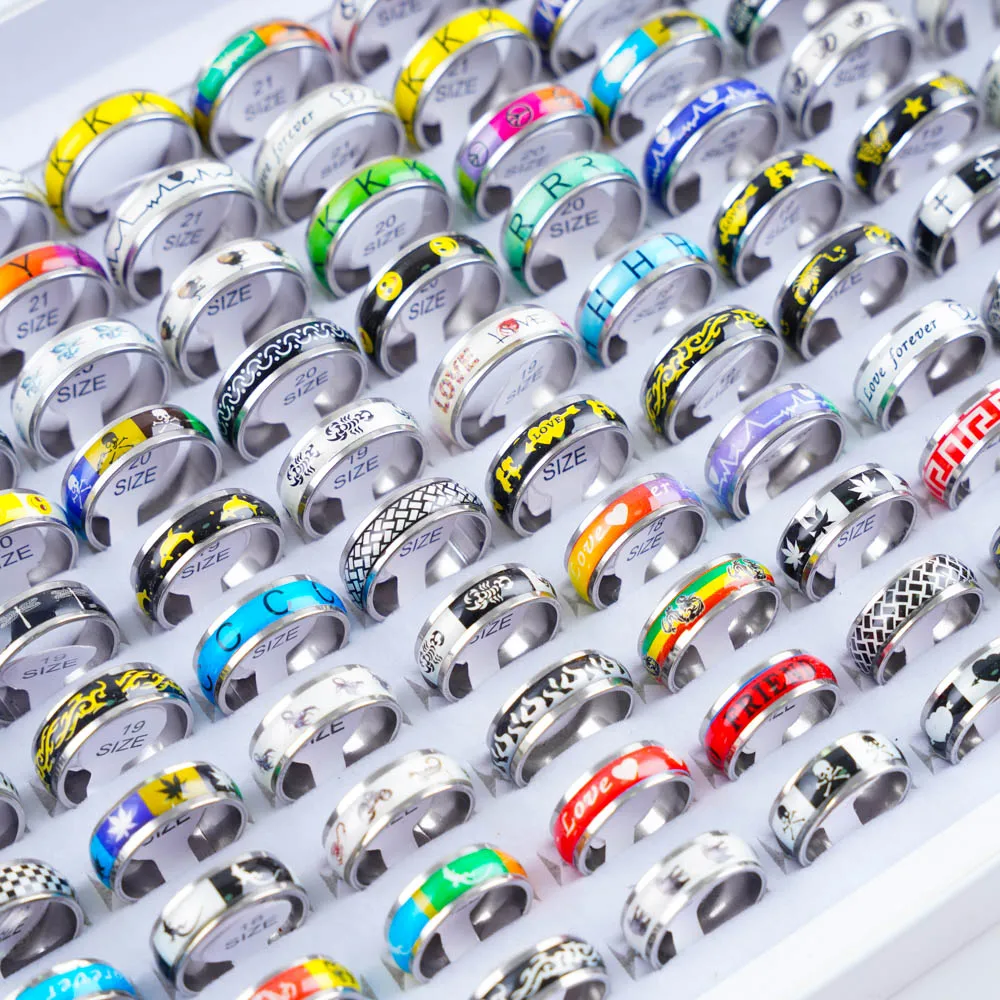 10/20/30/50Pcs Classic Fashion Stripe Hollow Colorful Sticker Stainless Steel Ring Trend Women Jewelry Party Decoration Gift-18