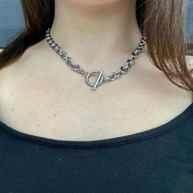 2023 New Fashion Gold Color Chunky Chain Necklace for Women Simple Toggle Clasp Stainless Steel Choker Necklaces Jewelry Gifts-3