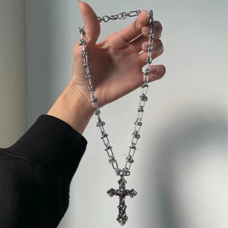 Vintage Cross Pendants Necklace for Women Kpop Punk Chain Necklaces Long Korean Fashion Retro Jewelry on The Neck Gift-8