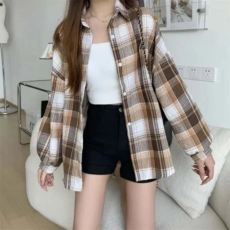 Plaid Shirt Women Fashion Autumn Long Sleeve Top Female Vintage Single Breasted Blouse Ladies Preppy Style Loose Check Shirts-10
