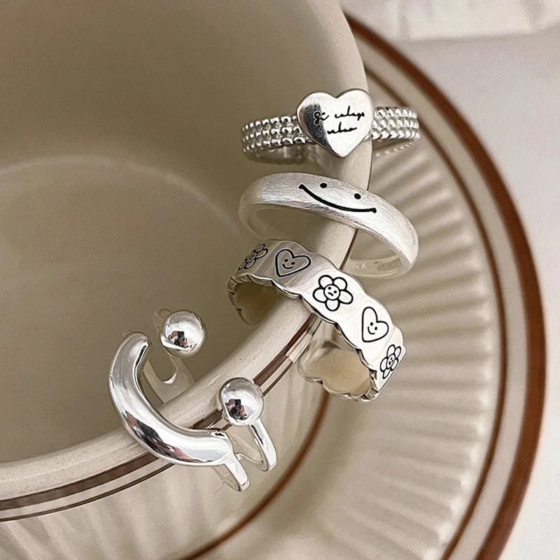 Fashion Silver Color Smile Shape Ring for Women Fine Jewelry Finger Adjustable Open Vintage Ring for Party Birthday Gift-1