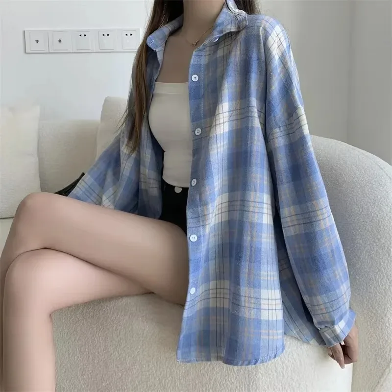 Plaid Shirt Women Fashion Autumn Long Sleeve Top Female Vintage Single Breasted Blouse Ladies Preppy Style Loose Check Shirts-7