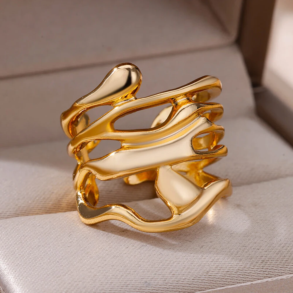 Stainless Steel Rings For Women Men Gold Color Hollow Wide Open Ring Female Male Fashion Wedding Party Finger Jewelry Gift 2024-1 Stainless Steel Rings For Women Men Gold Color Hollow Wide Open Ring Female Male Fashion Wedding Party Finger Jewelry Gift 2024-1