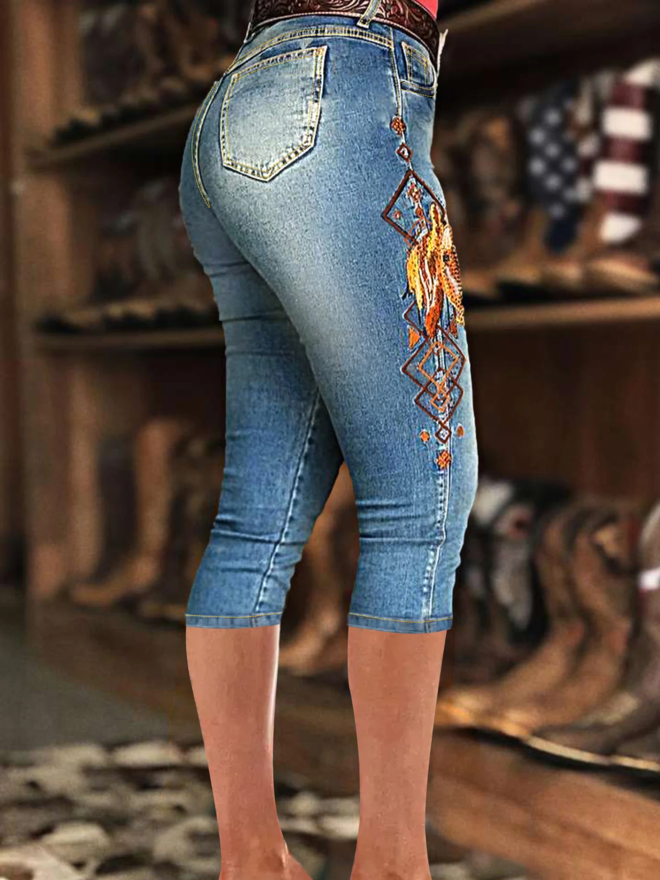Washed blue polished white cat whisker pattern pony side embroidery high waist street style fashion women's denim cropped pants-2