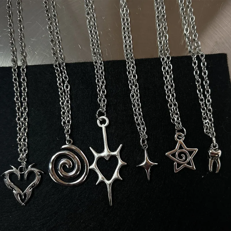Y2K Flail Fire Heart Teeth Pendant Necklace for Women Men Charm Necklace Grunge Punk Fashion Jewelry ﻿-8