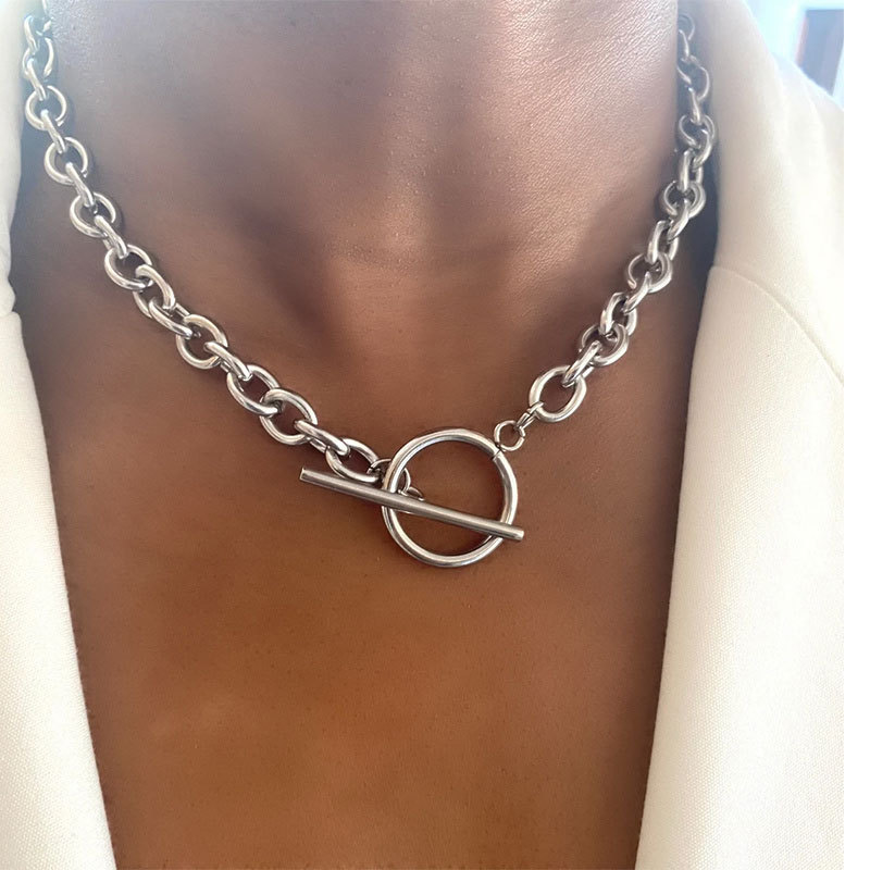 2023 New Fashion Gold Color Chunky Chain Necklace for Women Simple Toggle Clasp Stainless Steel Choker Necklaces Jewelry Gifts-2