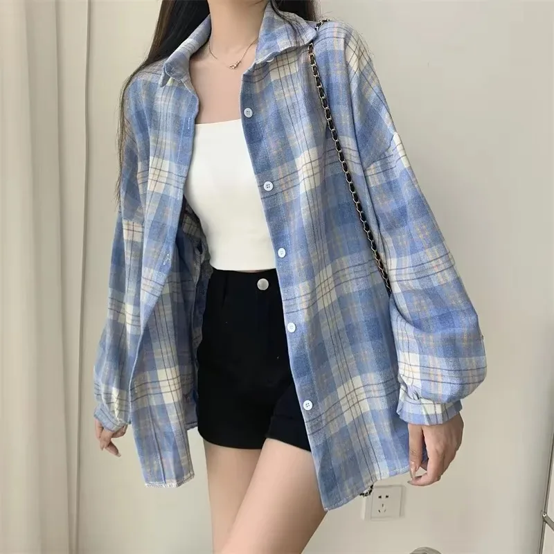 Plaid Shirt Women Fashion Autumn Long Sleeve Top Female Vintage Single Breasted Blouse Ladies Preppy Style Loose Check Shirts-6