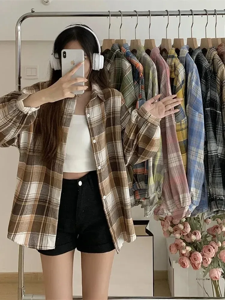Plaid Shirt Women Fashion Autumn Long Sleeve Top Female Vintage Single Breasted Blouse Ladies Preppy Style Loose Check Shirts-2