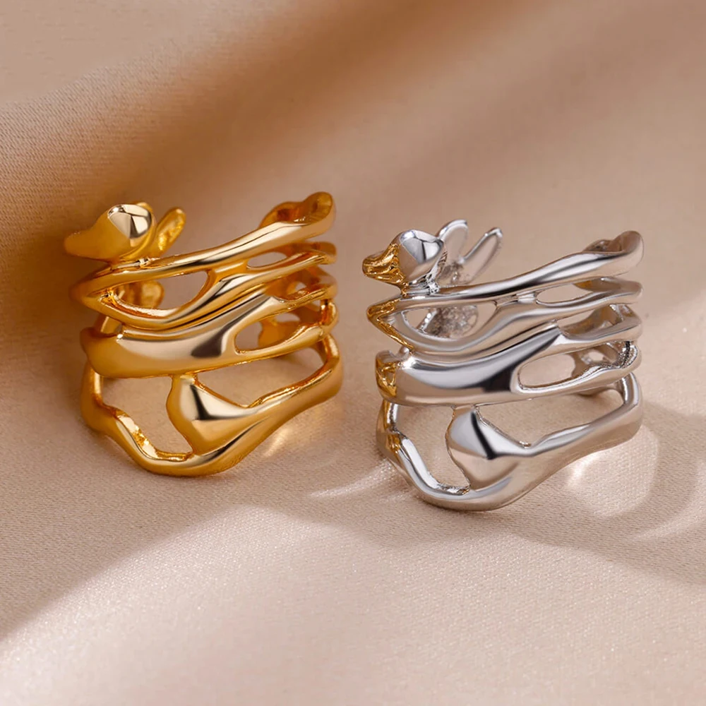 Stainless Steel Rings For Women Men Gold Color Hollow Wide Open Ring Female Male Fashion Wedding Party Finger Jewelry Gift 2024-5 Stainless Steel Rings For Women Men Gold Color Hollow Wide Open Ring Female Male Fashion Wedding Party Finger Jewelry Gift 2024-5