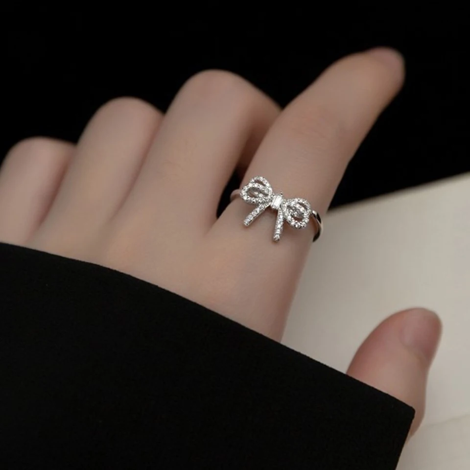 Yupsk Korean Fashion Micropaved Crystal Zirconia Bow Ring for Women Girls Exquisite Ins Trendy Minimalist Finger Rings Jewelry-4