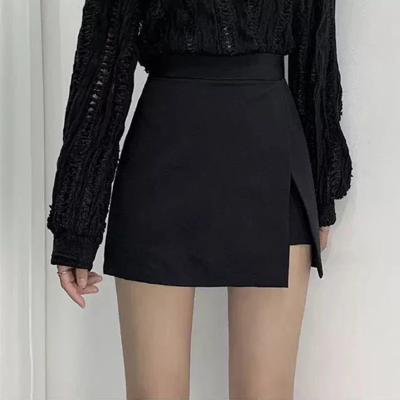 Black Mini Skirts Women Irregular Side Slits High Waist A Line Shorts Skirts Summer Korean Fashion Chic Hip Wrap Skirt Female-9