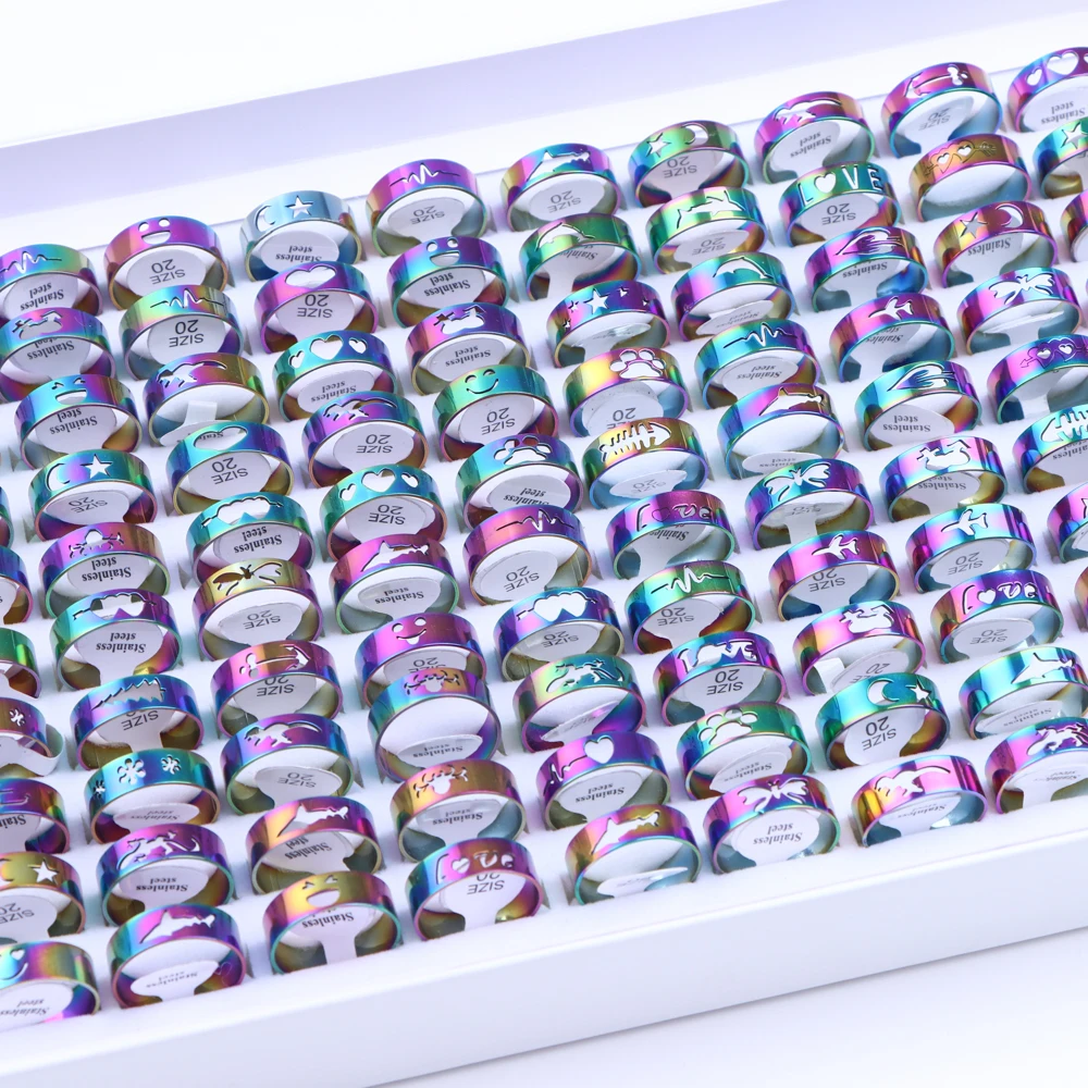 10/20/30/50Pcs Classic Fashion Stripe Hollow Colorful Sticker Stainless Steel Ring Trend Women Jewelry Party Decoration Gift-14
