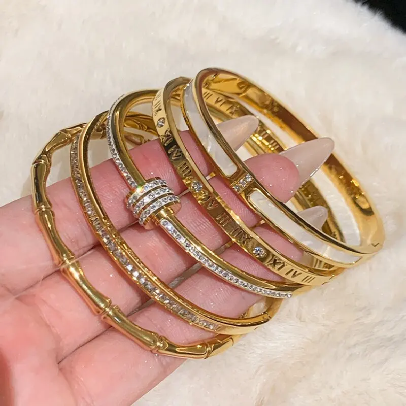 1pc Titanium Steel Gold Bracelet, Fashionable Classic Style, Stainless Steel Bracelet,Inlaid With Zircon,For Womens Daily Wear-6