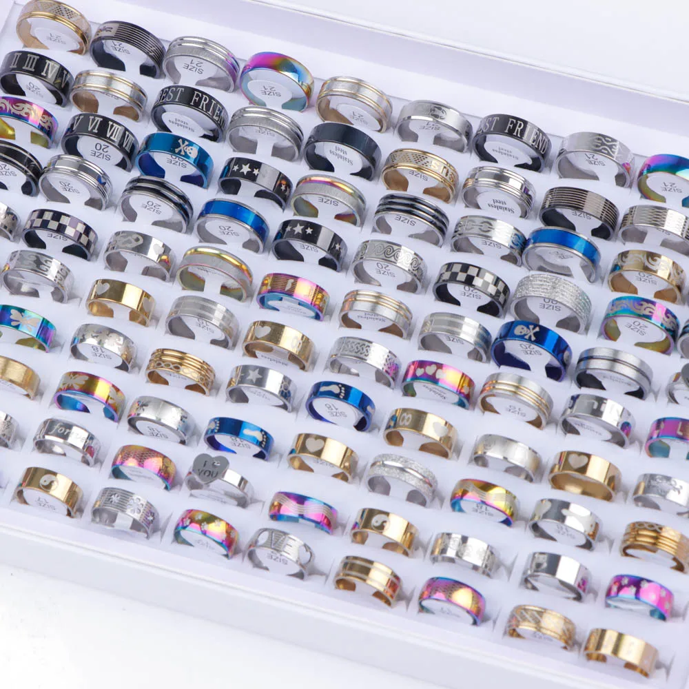 10/20/30/50Pcs Classic Fashion Stripe Hollow Colorful Sticker Stainless Steel Ring Trend Women Jewelry Party Decoration Gift-9