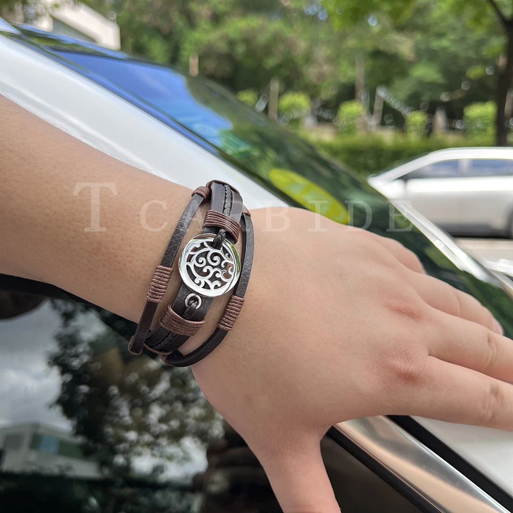 Three-Layer Men's Fashion Premium Genuine Leather Bracelets Stainless Steel Magnetic Clasp Charming Geometric Pattern Jewelry-10 Three-Layer Men's Fashion Premium Genuine Leather Bracelets Stainless Steel Magnetic Clasp Charming Geometric Pattern Jewelry-10