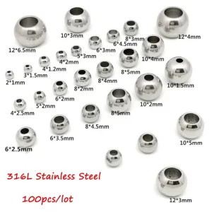 100pcs 2 mm 12 mm 316l stainless steel beads european ball metal big hole spacer beads for jewelry making diy bracelet necklace