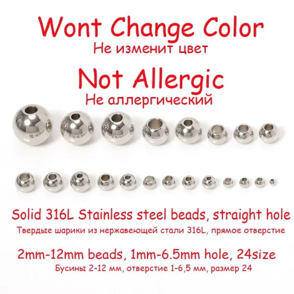 100pcs 2 mm 12 mm 316l stainless steel beads european ball metal big hole spacer beads for jewelry making diy bracelet necklace