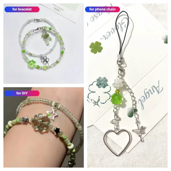 20pcs acrylic transparent crystal straight hole cute green four leaf clover beads 13mm for phone chain necklace bracelet