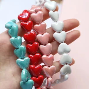 20pcs 15x13mm heart shape ceramic beads red/green/pink/white/blue/yellow/purple color loose spacer bead for jewelry making diy